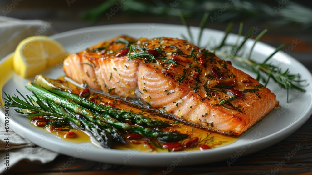 Delicious baked salmon fillet garnished with herbs, served with asparagus and a lemon wedge on a plate. Delicious baked salmon fillet garnished with herbs, served with asparagus and a lemon wedge on a plate.