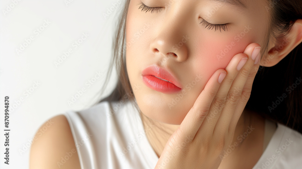 Dermatology asian young woman allergy, allergic reaction from atopic, insect bite, scratching itchy back of hand, red spot or rash of skin. Healthcare treatment of beauty. Isolated on white background Dermatology asian young woman allergy, allergic reaction from atopic, insect bite, scratching itchy back of hand, red spot or rash of skin. Healthcare treatment of beauty. Isolated on white background