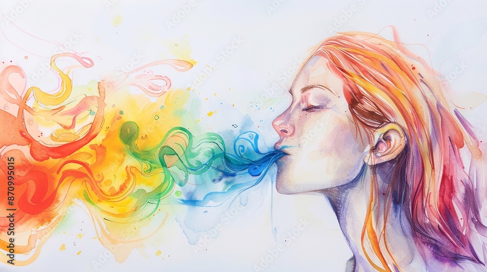 Ragazza neurodivergente espira fumo arcobaleno. Ragazza neurodivergente espira fumo arcobaleno.