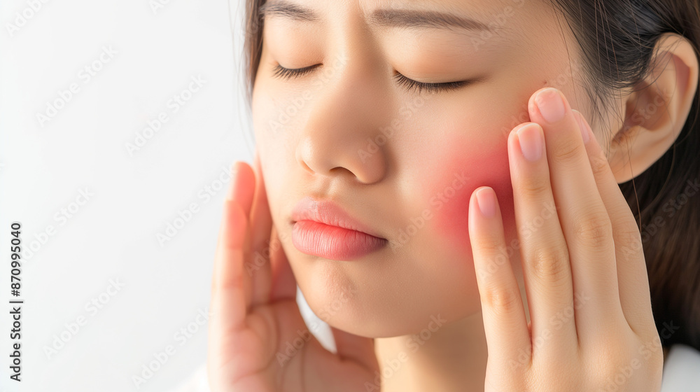 Dermatology asian young woman allergy, allergic reaction from atopic, insect bite, scratching itchy back of hand, red spot or rash of skin. Healthcare treatment of beauty. Isolated on white background Dermatology asian young woman allergy, allergic reaction from atopic, insect bite, scratching itchy back of hand, red spot or rash of skin. Healthcare treatment of beauty. Isolated on white background