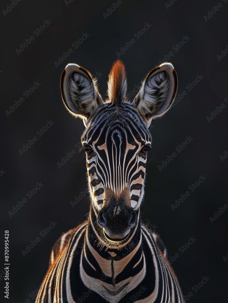 Naklejka premium Zebra ripresa frontamente. Elegante sfondo nero