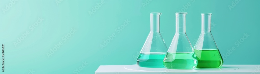 Three laboratory beakers with varying levels of green and blue liquid on a white table against a turquoise background. Scientific experiment setup. Three laboratory beakers with varying levels of green and blue liquid on a white table against a turquoise background. Scientific experiment setup.
