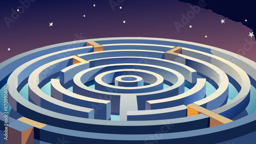 Starlit Night Over Serene Circular Maze Illustration