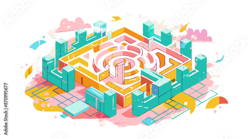 Vibrant Isometric City Maze Illustration with Abstract Elements