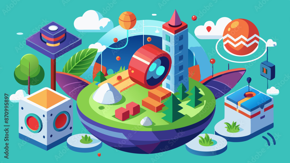 Naklejka premium Vibrant Isometric Cityscape with Dynamic Structures and Green Spaces