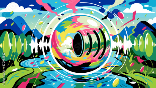 Vibrant Abstract Nature Soundscape Illustration with Surreal Elements