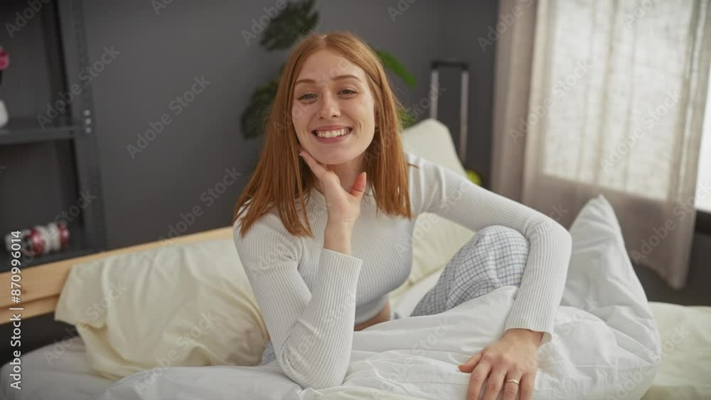Smiling redhead woman sitting in a cozy bedroom interior suggests casual beauty and relaxed lifestyle. Smiling redhead woman sitting in a cozy bedroom interior suggests casual beauty and relaxed lifestyle.
