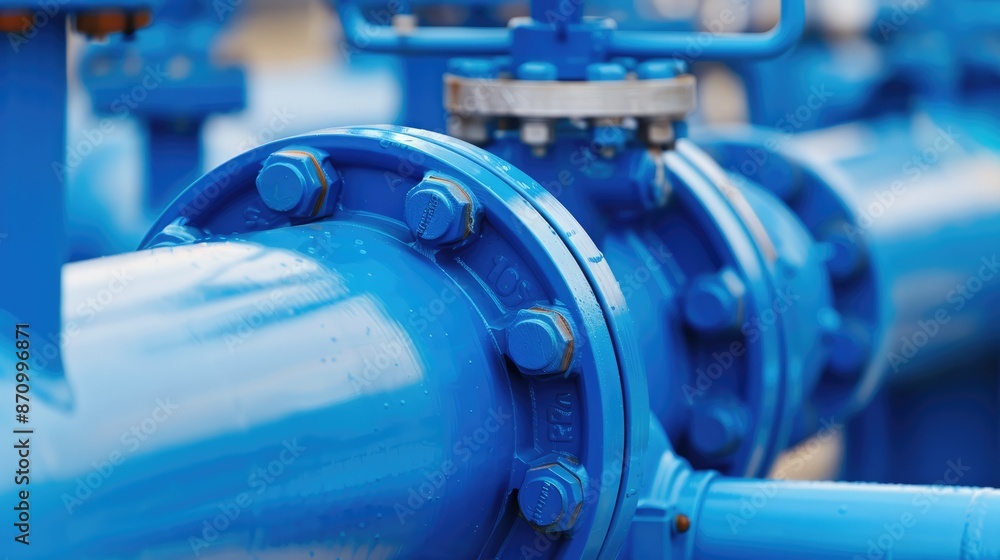 Obraz premium Closeup of blue industrial valves, industrial valves, pipeline detail
