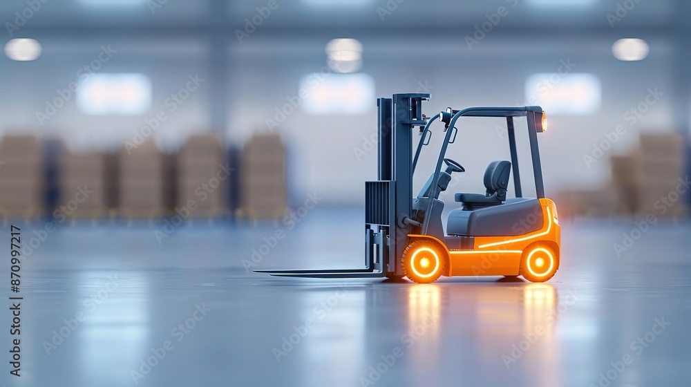 Modern forklift in a warehouse setting, with glowing lights. Modern forklift in a warehouse setting, with glowing lights.