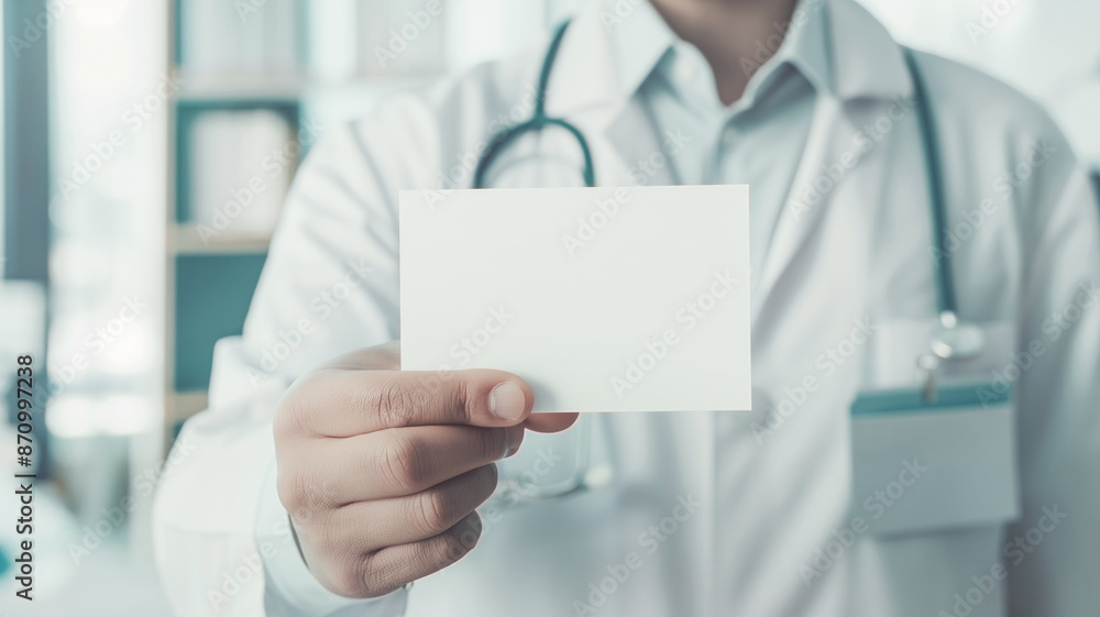 Doctor holding blank card in a medical office. The stethoscope around the neck indicates a healthcare professional presenting information Doctor holding blank card in a medical office. The stethoscope around the neck indicates a healthcare professional presenting information