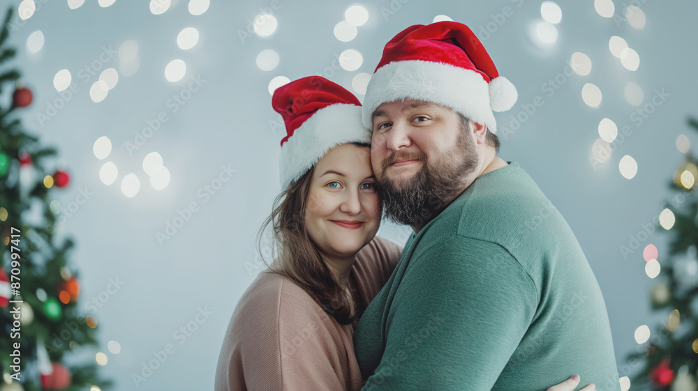 Couple wearing Santa hats hugging in front of Christmas trees. They are smiling, surrounded by festive lights and holiday decorations Couple wearing Santa hats hugging in front of Christmas trees. They are smiling, surrounded by festive lights and holiday decorations