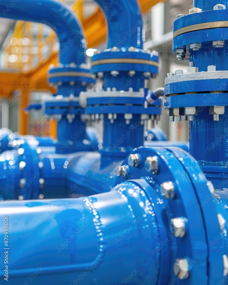 Obraz premium Blue valves on pipes, industrial valves, mechanical engineering