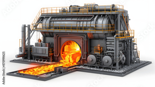 metal smelting furnace in steel mills isolated on white background, png photo