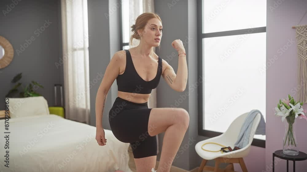 A young woman in activewear poses thoughtfully in her modern, well-decorated bedroom, embodying a casual, healthy lifestyle. A young woman in activewear poses thoughtfully in her modern, well-decorated bedroom, embodying a casual, healthy lifestyle.