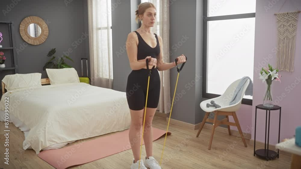 A fit young woman in sportswear uses resistance bands for exercising in a modern bedroom with neutral decor. A fit young woman in sportswear uses resistance bands for exercising in a modern bedroom with neutral decor.
