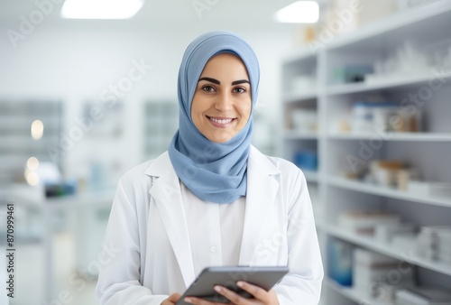portrait of smiling muslim female doctor using digital tablet in clinic