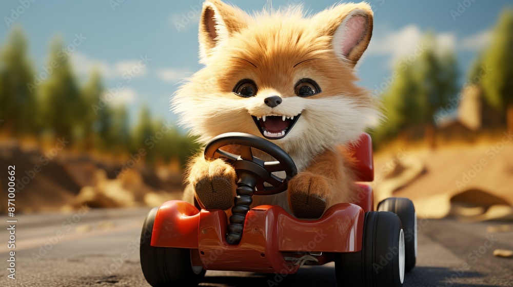 Fototapeta Cute cartoon fox driving a red go kart on a dirt road, 3D render. Perfect for children's illustrations, animations, and greeting cards.