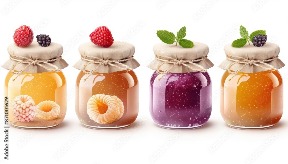 Four glass jars of homemade jam and honey, decorated with fruit and herbs, on a white background. Four glass jars of homemade jam and honey, decorated with fruit and herbs, on a white background.