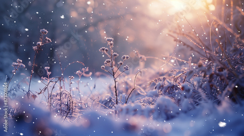 A snow-white background on which fluffy snowflakes gently fall, creating a fairy-tale winter landscape Their crystal structure reflects light, giving the scene a magical and romantic winter atmosphere photo