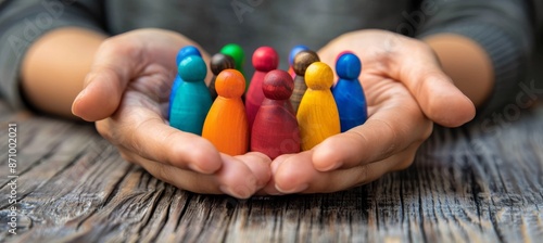 Wallpaper Mural A close-up shot of a woman’s hands gently cupping colorful wooden figurines representing people, symbolizing cultural diversity, unity, and inclusion in a harmonious setting Torontodigital.ca