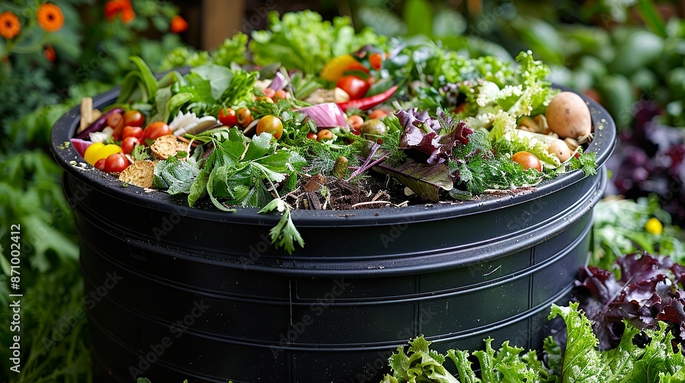 Realistic Photo of a Composting Bin: Capture a household composting bin with food scraps and yard waste, promoting at-home sustainability practices. , Minimalism, Realistic Photo of a Composting Bin: Capture a household composting bin with food scraps and yard waste, promoting at-home sustainability practices. , Minimalism,