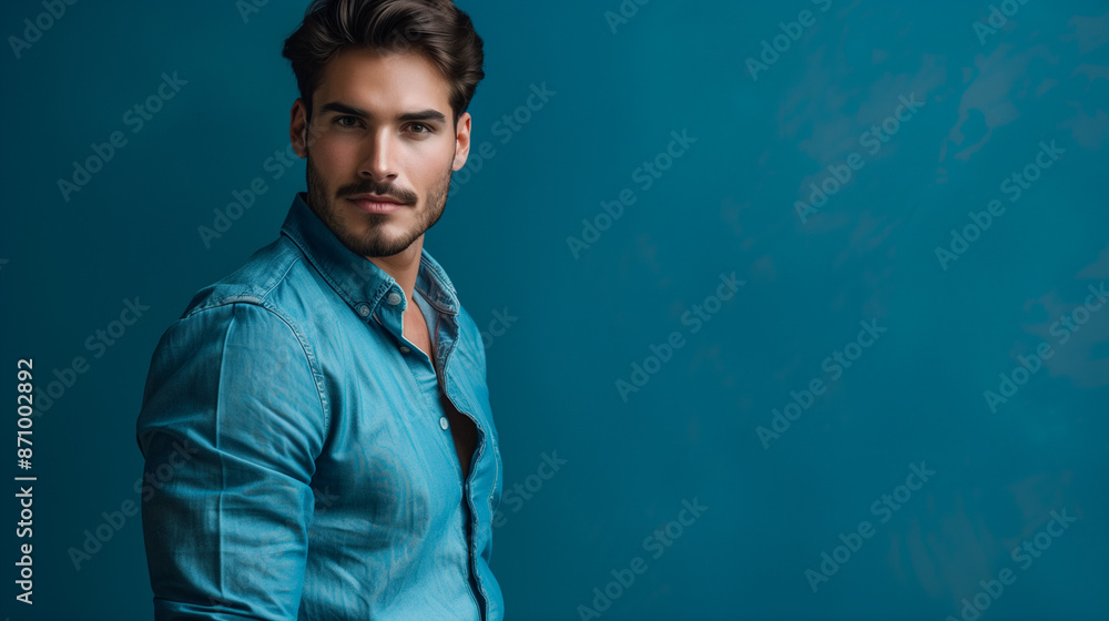 A man in an elegant blue shirt poses in front of a minimalist background, exuding confidence and classic style. A man in an elegant blue shirt poses in front of a minimalist background, exuding confidence and classic style.