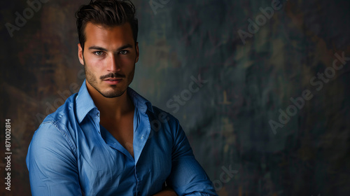 A man in an elegant blue shirt poses in front of a minimalist background, exuding confidence and classic style.