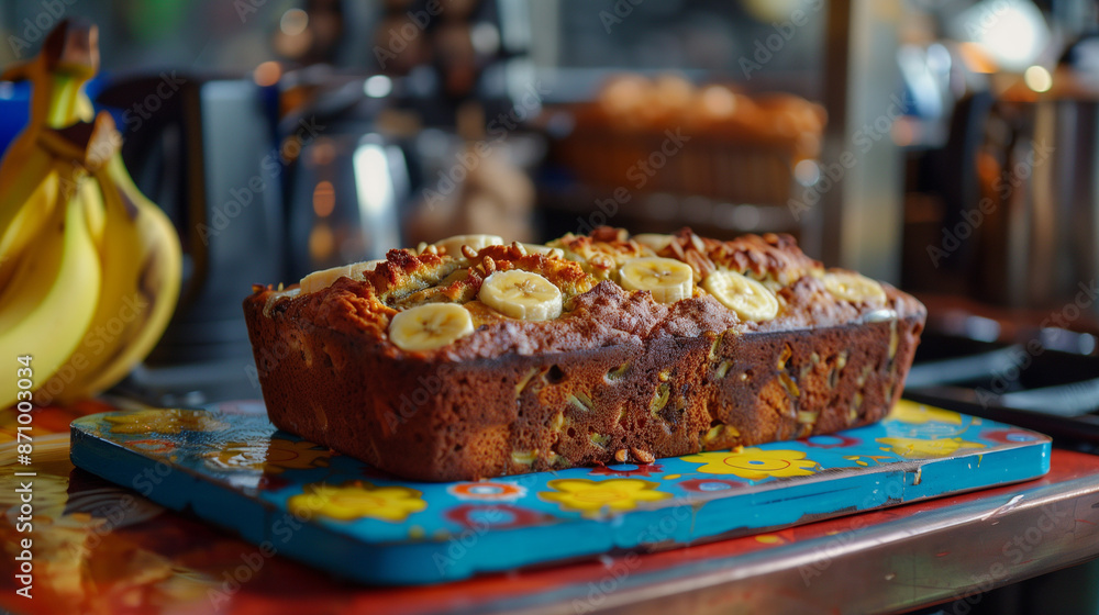 The intensely colored board is full of pieces of delicious banana bread. The soft bread is beautifully sliced, and its natural ingredients are visible in each piece. The intensely colored board is full of pieces of delicious banana bread. The soft bread is beautifully sliced, and its natural ingredients are visible in each piece.
