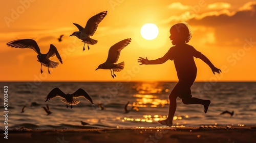 Silhouette of a child chasing seagulls, sunset backdrop, dynamic and playful, [child silhouette sunset beach], [adventure and fun] 