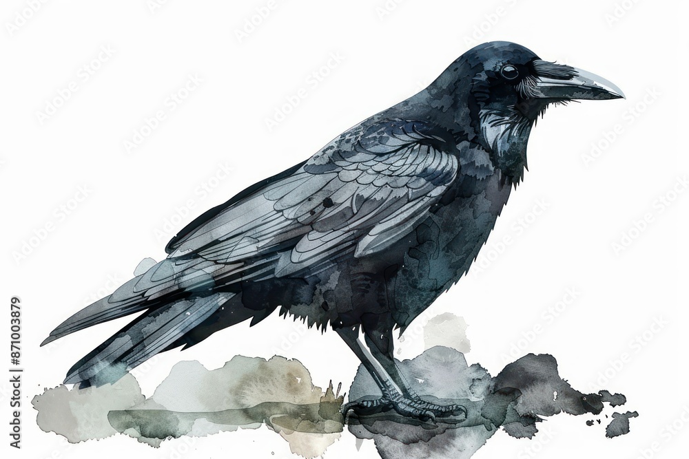 Fototapeta premium Crow, bird, Pastel-colored, in hand-drawn style, watercolor, isolated on white background