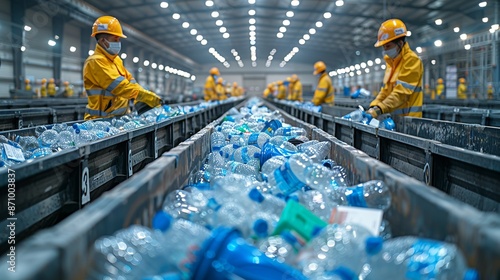 Realistic Photo of a Recycling Facility: Capture a bustling recycling center with workers sorting plastics, metals, and papers, showcasing the essential process of waste management and photo