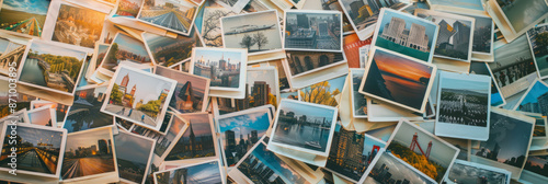 A lot of photos with images of famous places in different cities on the table, top view, free space, copy space in the middle.