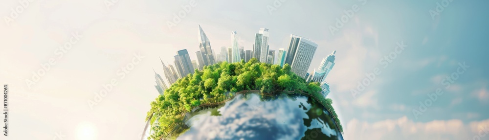 Fototapeta premium A conceptual image depicting a green planet with urban skyscrapers, illustrating the balance between nature and urbanization.