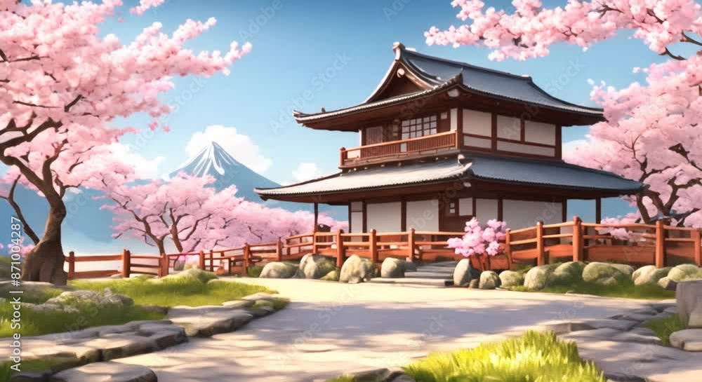 Japanese traditional house in the garden with cherry blossoms background Cartoon or anime watercolor digital painting illustration style seamless looping video animation background 4k animation Japanese traditional house in the garden with cherry blossoms background Cartoon or anime watercolor digital painting illustration style seamless looping video animation background 4k animation