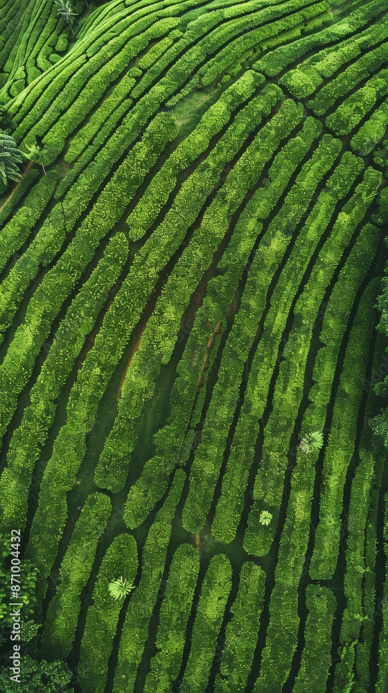 Fototapeta premium Aerial view of lush green terraced fields