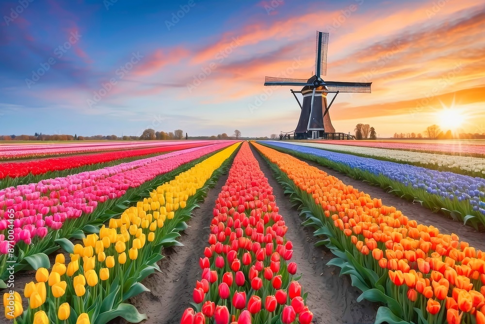 Red yellow purple tulips field under blue sky and windmill in the background. Red yellow purple tulips field under blue sky and windmill in the background.