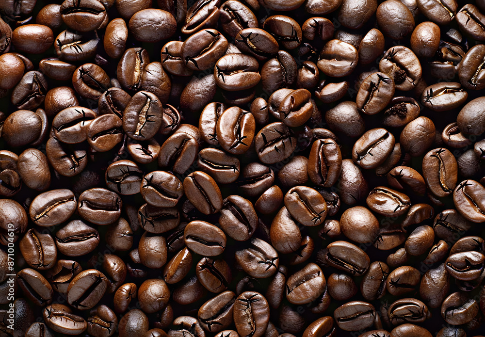 Naklejka premium Roasted brown coffee beans with a rich aroma, perfect for a morning beverage.