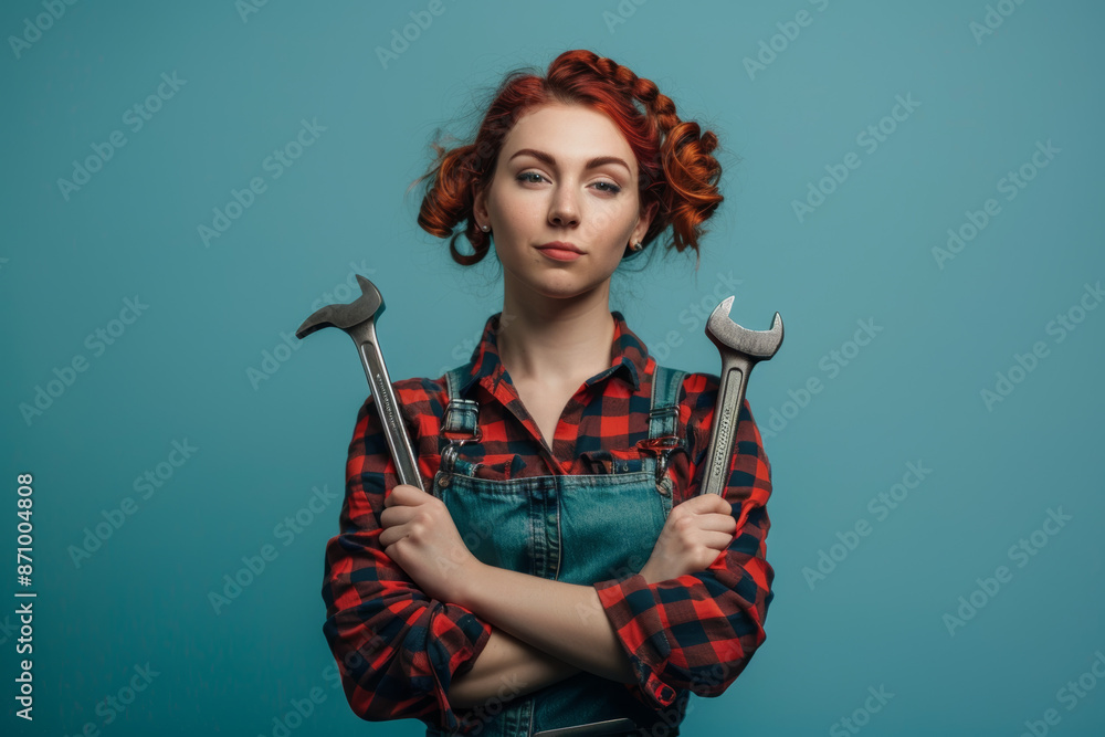 Woman mechanic or plumber with big iron wrench. Woman mechanic or plumber with big iron wrench.