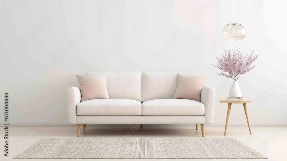 White sofa with pink and blue pillows in a modern living room interior. White sofa with pink and blue pillows in a modern living room interior.