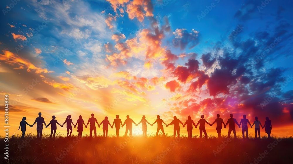 diverse group of silhouetted figures linking arms against vibrant sunset sky overlapping shadows create powerful unity symbol on colorful background diverse group of silhouetted figures linking arms against vibrant sunset sky overlapping shadows create powerful unity symbol on colorful background