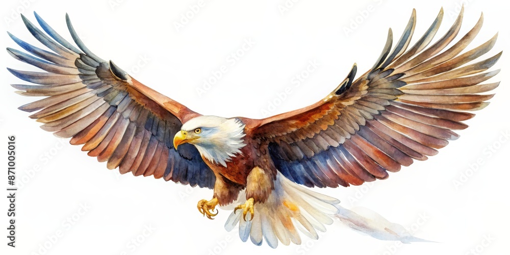 Obraz premium Watercolor Illustration of Predatory Bird in Flight on White Background, watercolor, illustration, bird of prey, flight, white background