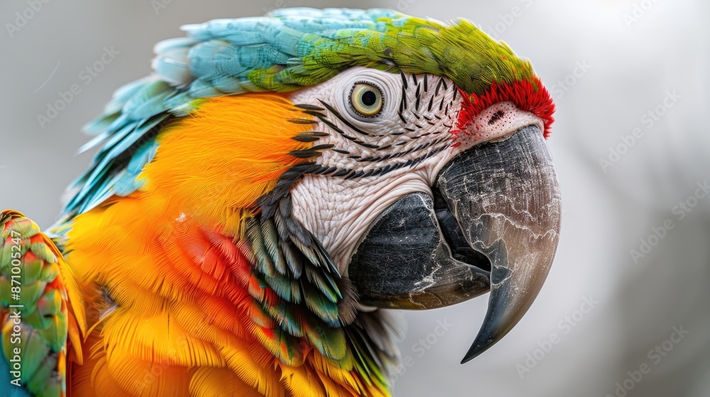 Obraz premium Parrot with colorful feathers in profile view against white background.