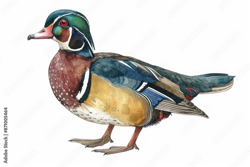 Obraz premium Duck, bird, Pastel-colored, in hand-drawn style, watercolor, isolated on white background