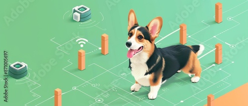 Futuristic Digital Dog Fence with GPS Signals and Happy Dog in Minimalist Style | Copy Space for Text