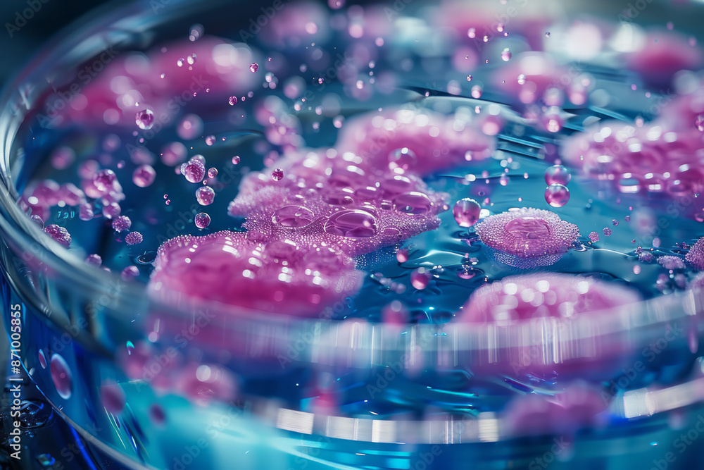 Macro image of a bioprinted cell culture dish, showing the growth of tissues in clear detail, Macro image of a bioprinted cell culture dish, showing the growth of tissues in clear detail,