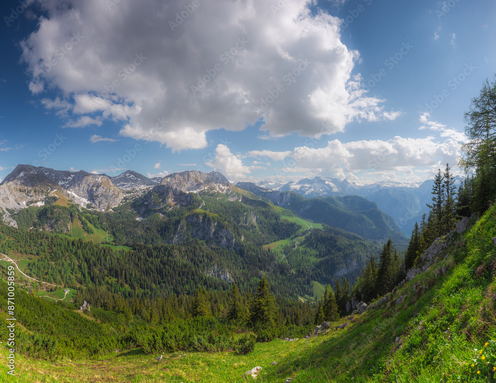 Obraz premium Mountain valley with tracks near Jenner mount in Berchtesgaden National Park