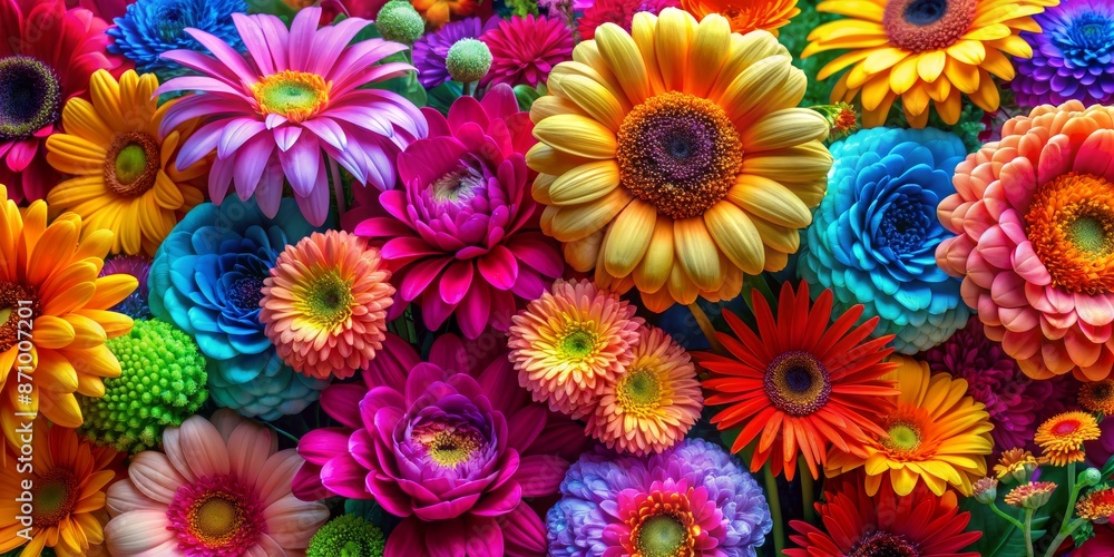 A vibrant ensemble of blooming flowers in close-up view. A vibrant ensemble of blooming flowers in close-up view.
