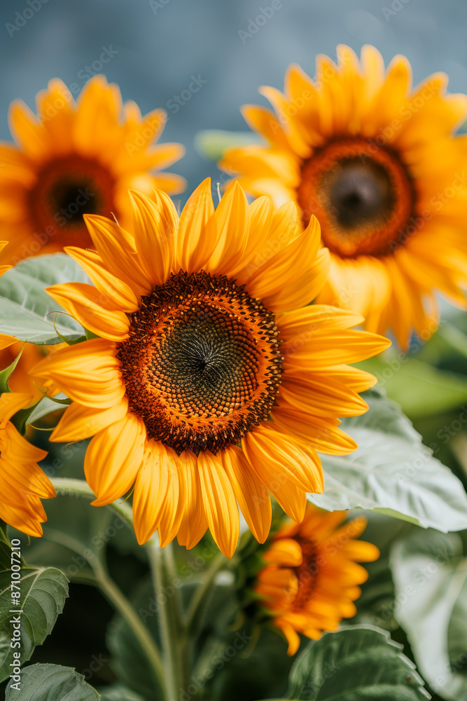 Close Up of Vibrant Sunflowers in Bloom with Green Foliage on a Sunny Day Close Up of Vibrant Sunflowers in Bloom with Green Foliage on a Sunny Day
