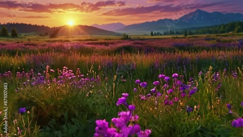 Beautiful panorama rural landscape with sunrise and blossoming meadow. purple flowers flowering on spring field, Phacelia, seamless looping 4K High-Quality animation video