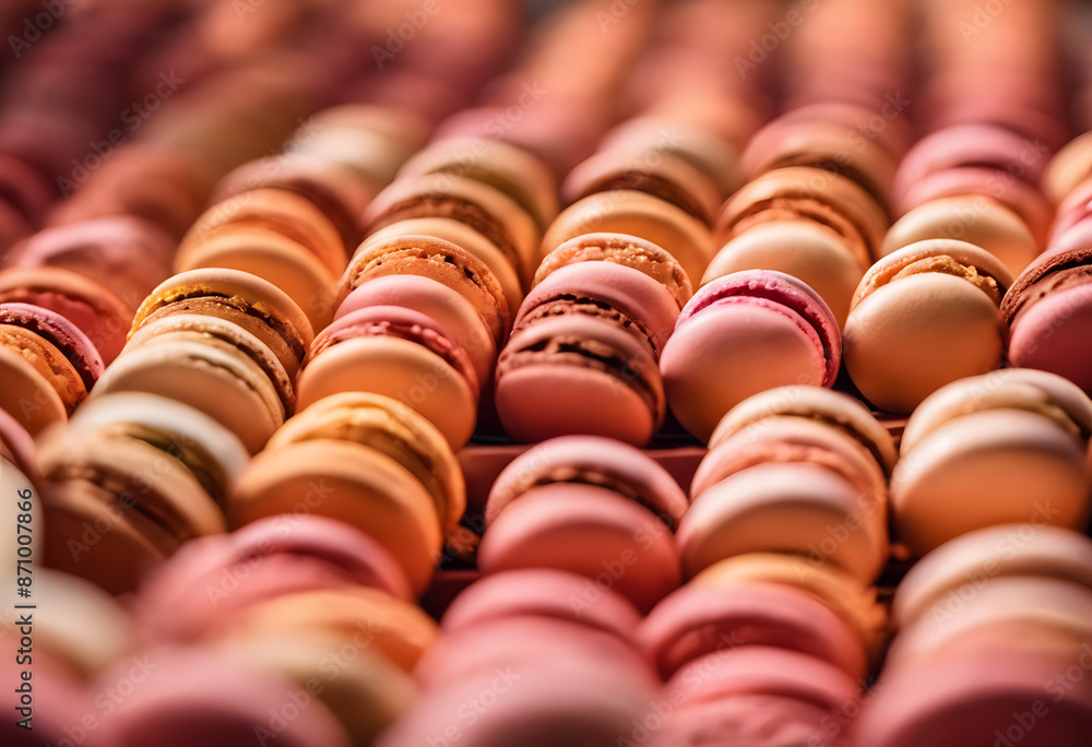 A close-up view of a large assortment of colorful macarons in various pastel shades, including pink, green, and orange, arranged in a visually appealing manner. A close-up view of a large assortment of colorful macarons in various pastel shades, including pink, green, and orange, arranged in a visually appealing manner.